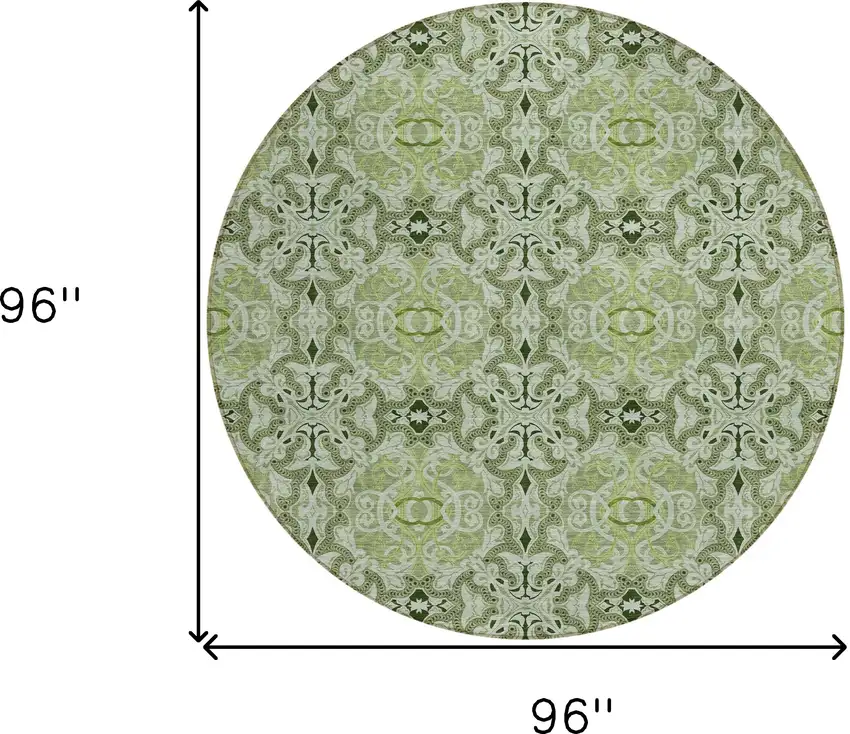8' Artichoke Green And Fern Green Round Medallion Washable Indoor Outdoor Area Rug Photo 7