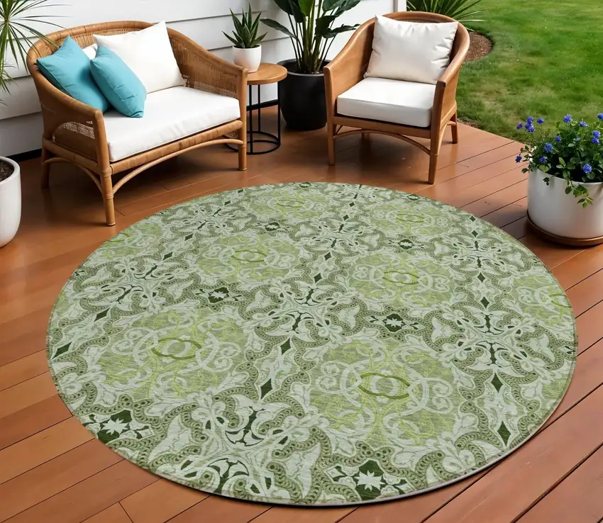 8' Artichoke Green And Fern Green Round Medallion Washable Indoor Outdoor Area Rug Photo 2