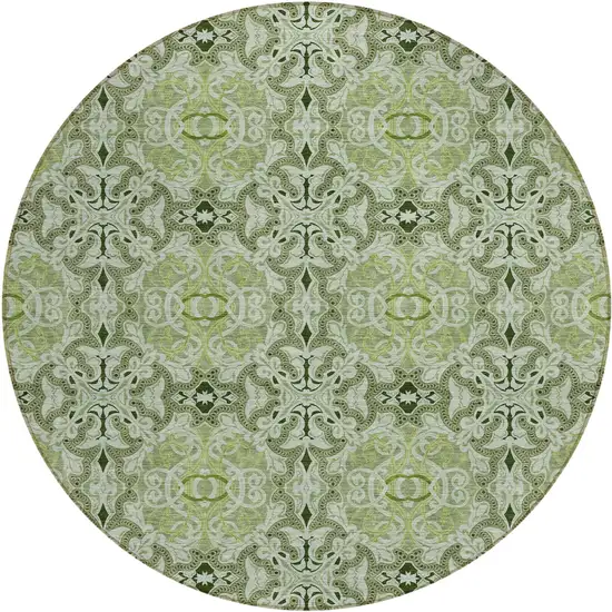8' Artichoke Green And Fern Green Round Medallion Washable Indoor Outdoor Area Rug Photo 1