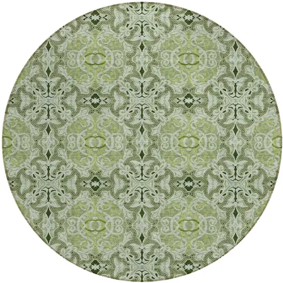 8' Artichoke Green And Fern Green Round Medallion Washable Indoor Outdoor Area Rug Photo 1