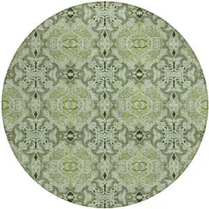 Photo of 8' Artichoke Green And Fern Green Round Medallion Washable Indoor Outdoor Area Rug