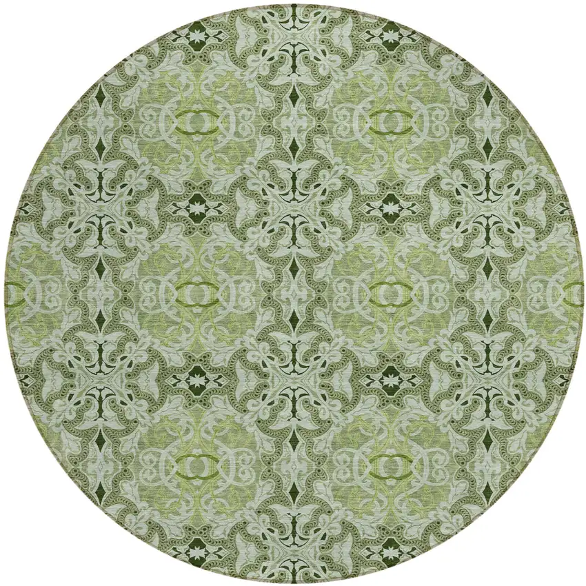8' Artichoke Green And Fern Green Round Medallion Washable Indoor Outdoor Area Rug Photo 1