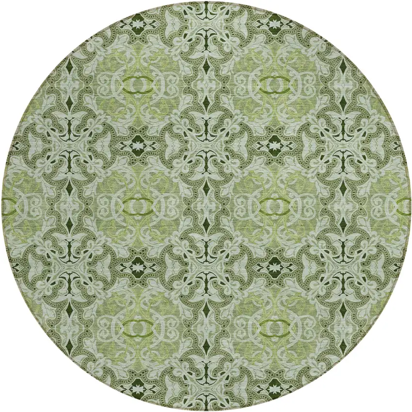 8' Artichoke Green And Fern Green Round Medallion Washable Indoor Outdoor Area Rug Photo 1