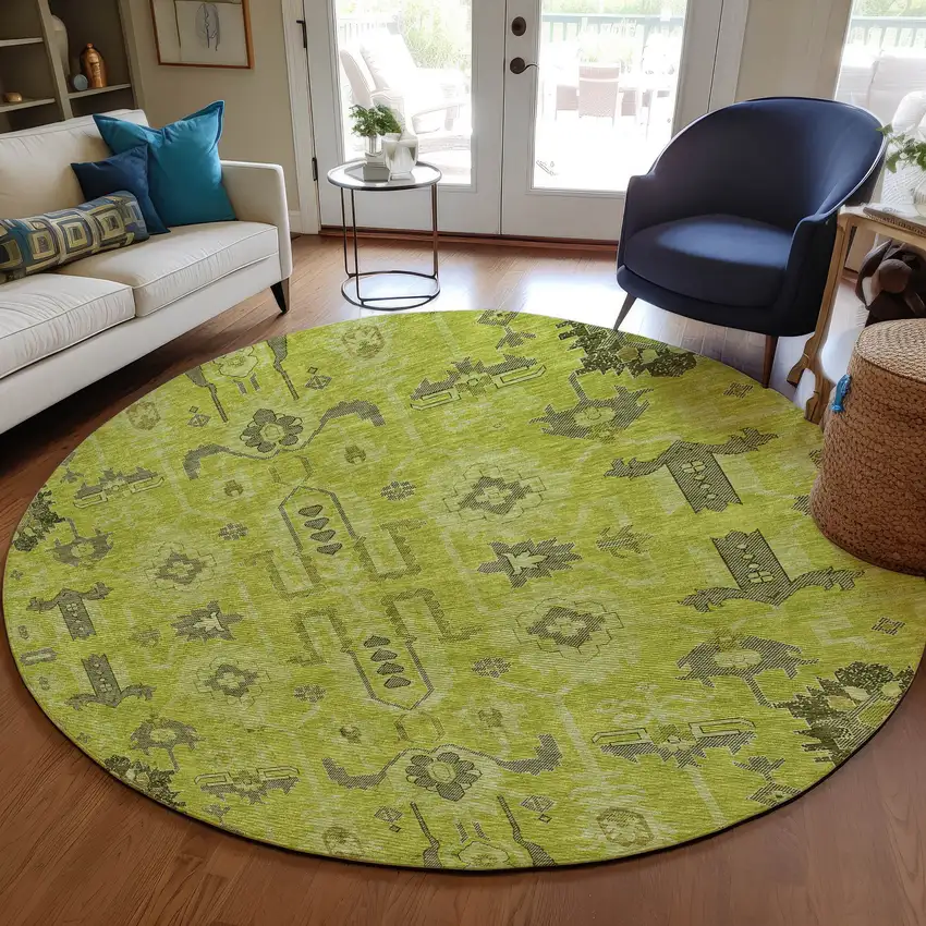 8' Artichoke Green And Fern Green Round Oriental Washable Indoor Outdoor Area Rug Photo 6