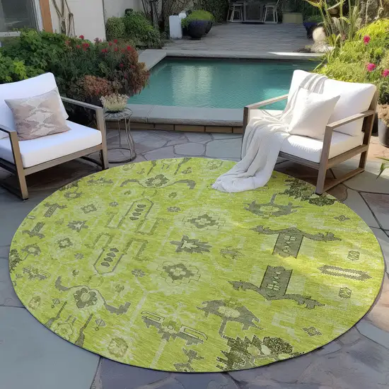 8' Artichoke Green And Fern Green Round Oriental Washable Indoor Outdoor Area Rug Photo 5