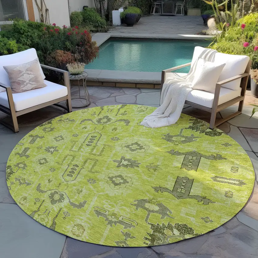8' Artichoke Green And Fern Green Round Oriental Washable Indoor Outdoor Area Rug Photo 5
