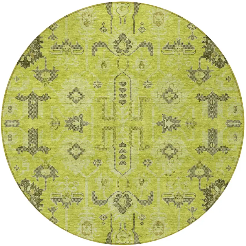 8' Artichoke Green And Fern Green Round Oriental Washable Indoor Outdoor Area Rug Photo 4