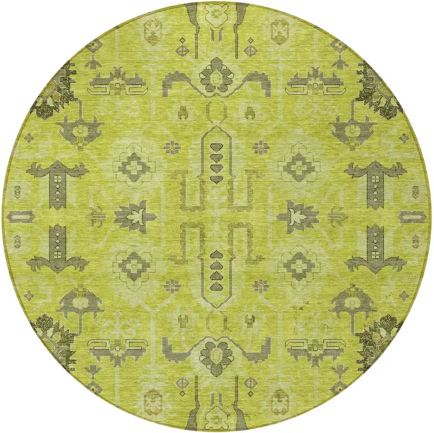 8' Artichoke Green And Fern Green Round Oriental Washable Indoor Outdoor Area Rug Photo 4