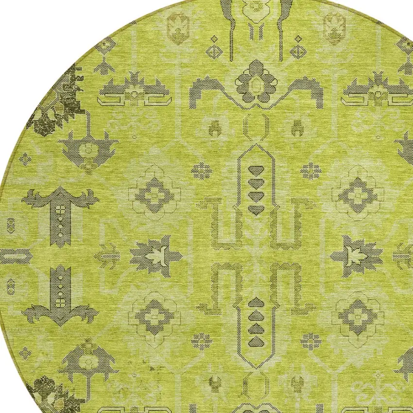 8' Artichoke Green And Fern Green Round Oriental Washable Indoor Outdoor Area Rug Photo 3