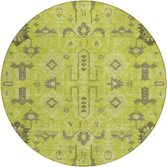 8' Artichoke Green And Fern Green Round Oriental Washable Indoor Outdoor Area Rug Photo 1
