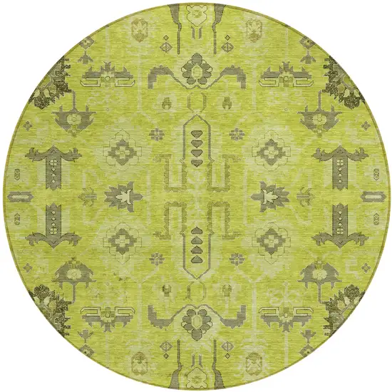 8' Artichoke Green And Fern Green Round Oriental Washable Indoor Outdoor Area Rug Photo 1