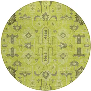 Photo of 8' Artichoke Green And Fern Green Round Oriental Washable Indoor Outdoor Area Rug