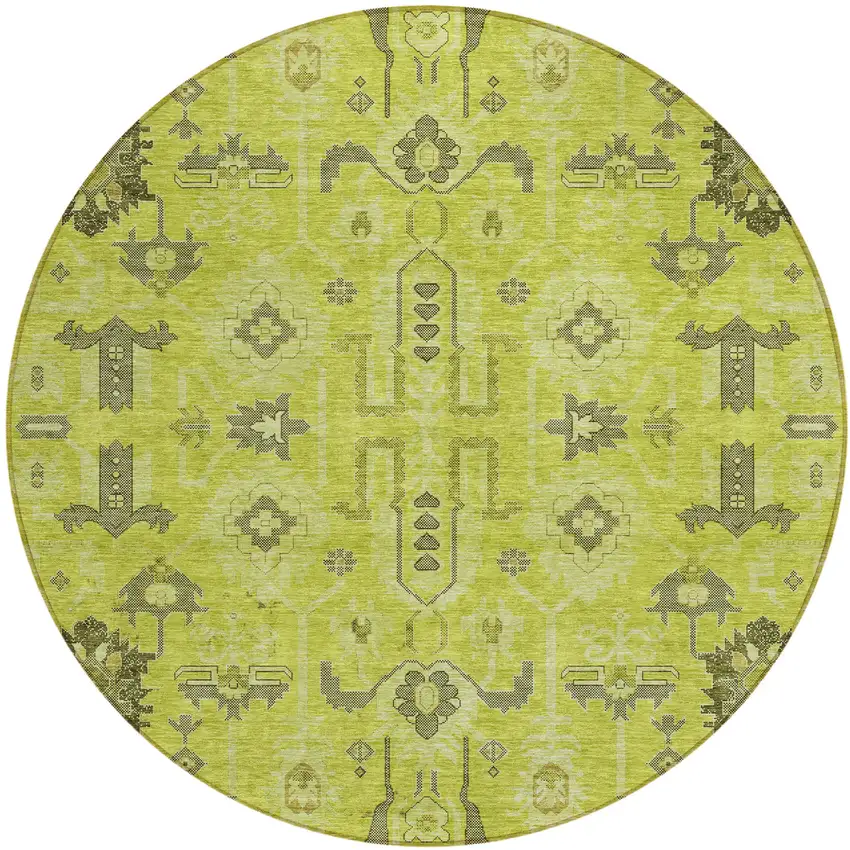 8' Artichoke Green And Fern Green Round Oriental Washable Indoor Outdoor Area Rug Photo 1
