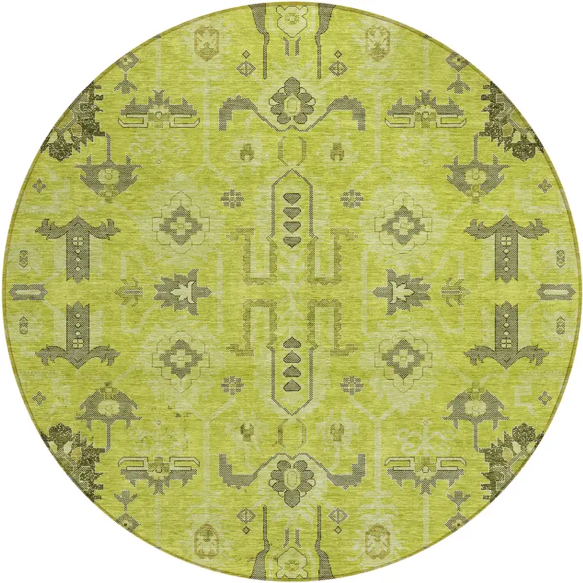 8' Artichoke Green And Fern Green Round Oriental Washable Indoor Outdoor Area Rug Photo 1