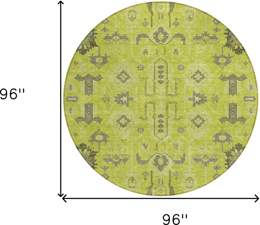 8' Artichoke Green And Fern Green Round Oriental Washable Indoor Outdoor Area Rug Photo 7