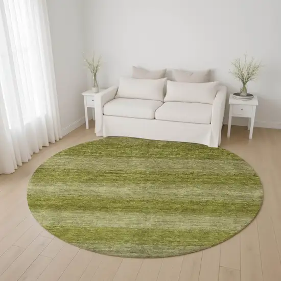 8' Artichoke Green And Fern Green Striped Washable Round Rug With UV Protection Photo 4