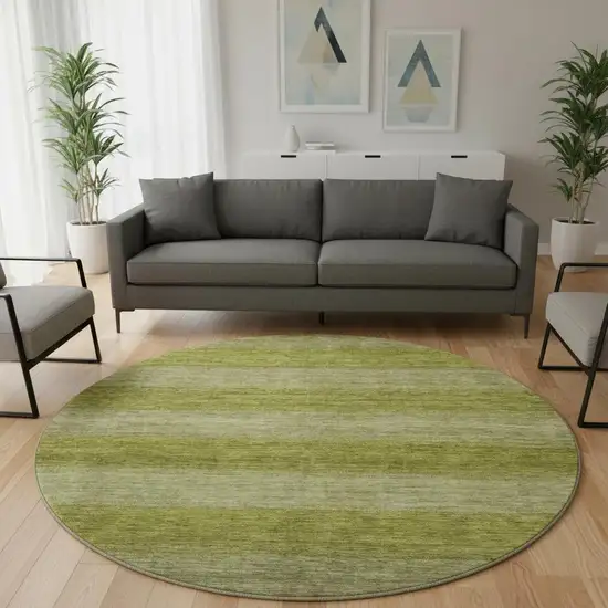 8' Artichoke Green And Fern Green Striped Washable Round Rug With UV Protection Photo 2