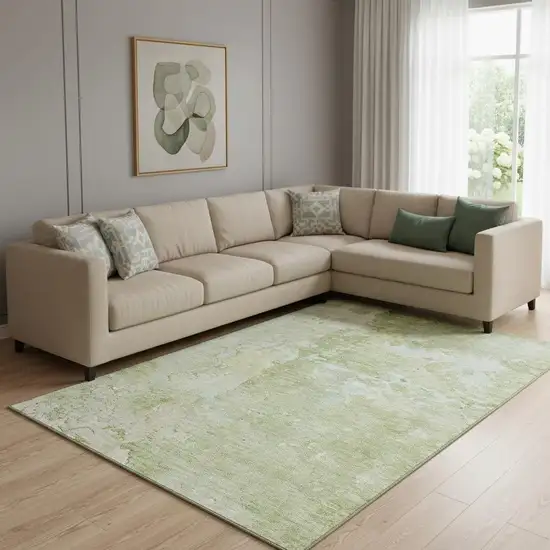 8' Artichoke Green And Gold Abstract Washable Area Rug With UV Protection Photo 2