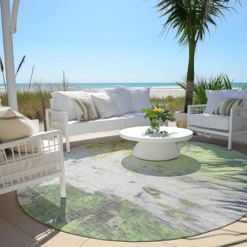 8' Artichoke Green And Gold Round Abstract Washable Indoor Outdoor Area Rug Photo 5