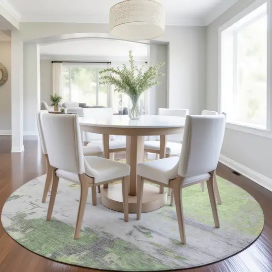 8' Artichoke Green And Gold Round Abstract Washable Indoor Outdoor Area Rug Photo 6