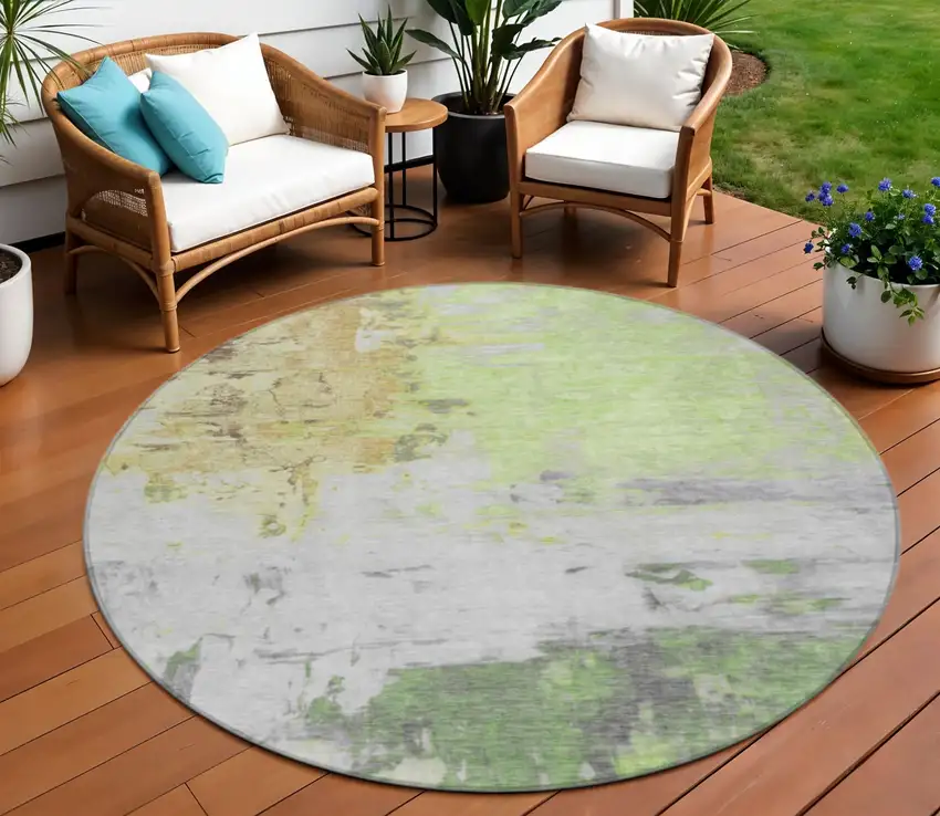 8' Artichoke Green And Gold Round Abstract Washable Indoor Outdoor Area Rug Photo 2