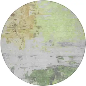 Photo of 8' Artichoke Green And Gold Round Abstract Washable Indoor Outdoor Area Rug