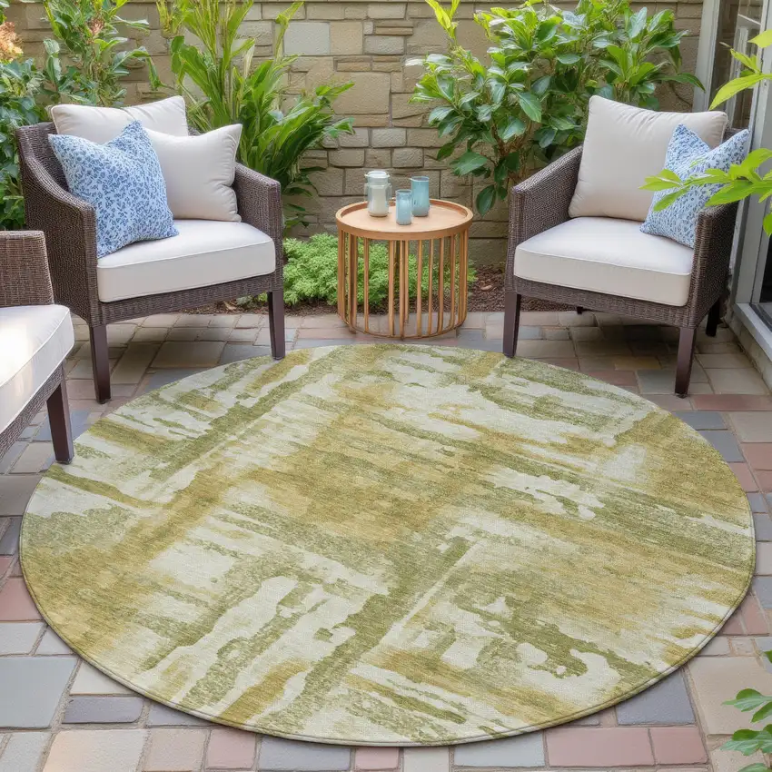 8' Artichoke Green And Gold Round Abstract Washable Indoor Outdoor Area Rug Photo 6