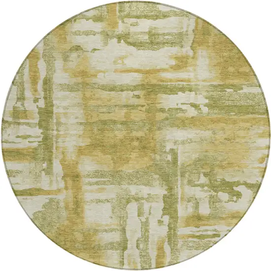 8' Artichoke Green And Gold Round Abstract Washable Indoor Outdoor Area Rug Photo 4
