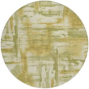 Photo of 8' Artichoke Green And Gold Round Abstract Washable Indoor Outdoor Area Rug