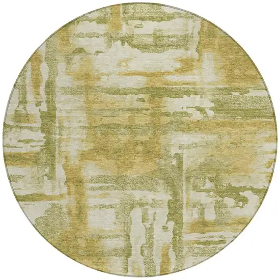 8' Artichoke Green And Gold Round Abstract Washable Indoor Outdoor Area Rug Photo 1