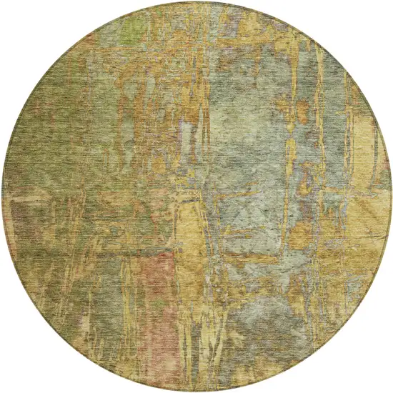 8' Artichoke Green And Gold Round Abstract Washable Indoor Outdoor Area Rug Photo 2