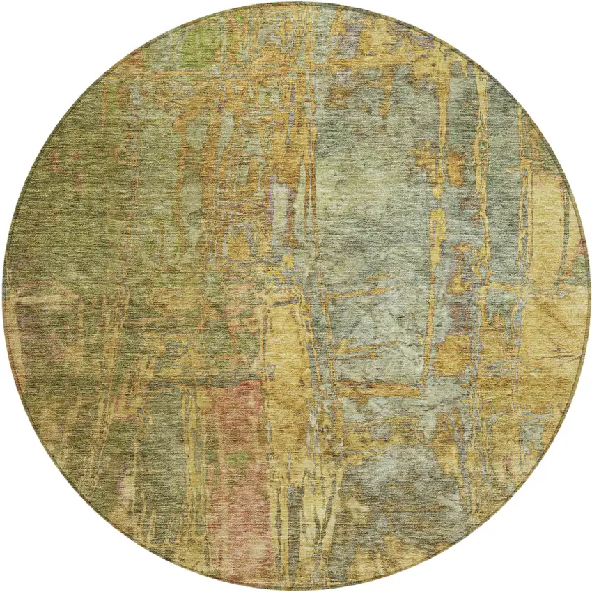 8' Artichoke Green And Gold Round Abstract Washable Indoor Outdoor Area Rug Photo 2
