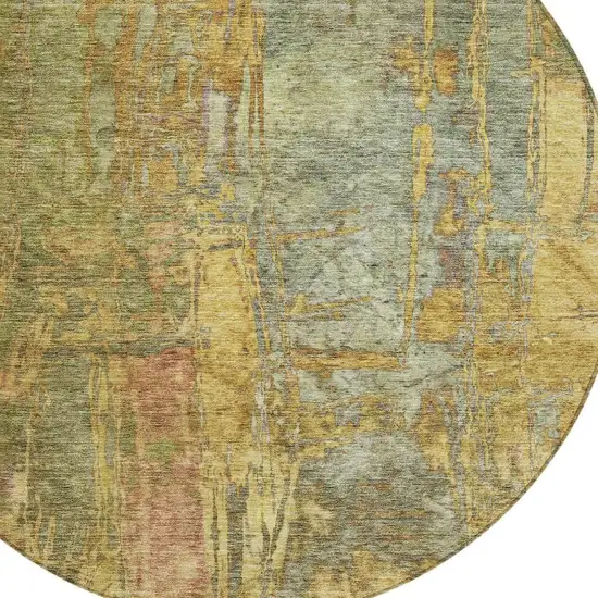 8' Artichoke Green And Gold Round Abstract Washable Indoor Outdoor Area Rug Photo 6