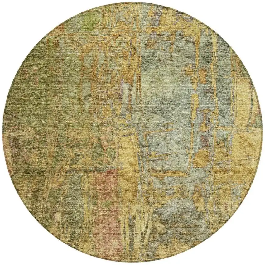 8' Artichoke Green And Gold Round Abstract Washable Indoor Outdoor Area Rug Photo 4