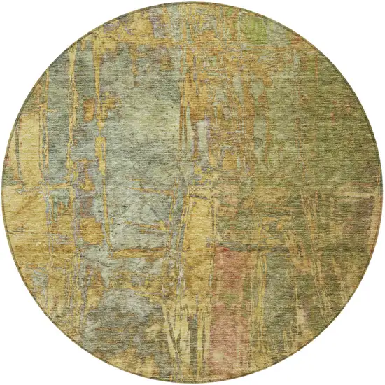 8' Artichoke Green And Gold Round Abstract Washable Indoor Outdoor Area Rug Photo 5