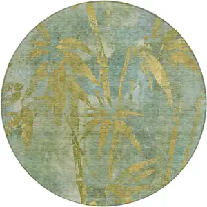 Photo of 8' Artichoke Green And Gold Round Botanical Leaves Washable Indoor Outdoor Area Rug