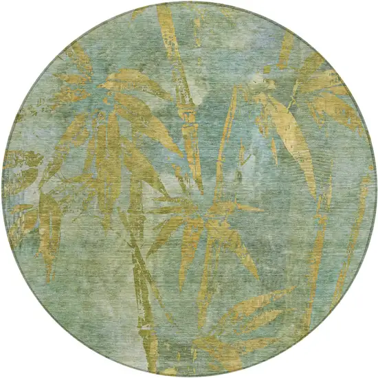 8' Artichoke Green And Gold Round Botanical Leaves Washable Indoor Outdoor Area Rug Photo 1