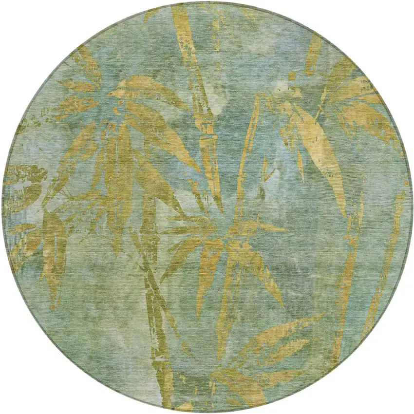 8' Artichoke Green And Gold Round Botanical Leaves Washable Indoor Outdoor Area Rug Photo 1