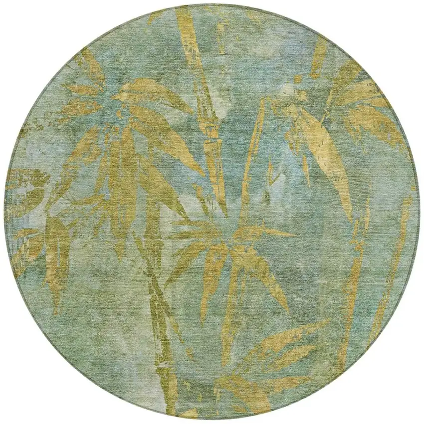 8' Artichoke Green And Gold Round Botanical Leaves Washable Indoor Outdoor Area Rug Photo 3