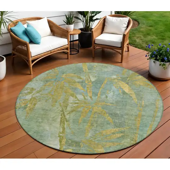 8' Artichoke Green And Gold Round Botanical Leaves Washable Indoor Outdoor Area Rug Photo 2