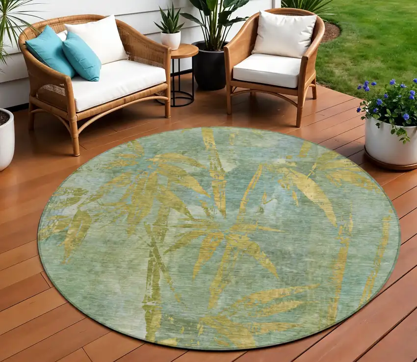 8' Artichoke Green And Gold Round Botanical Leaves Washable Indoor Outdoor Area Rug Photo 2