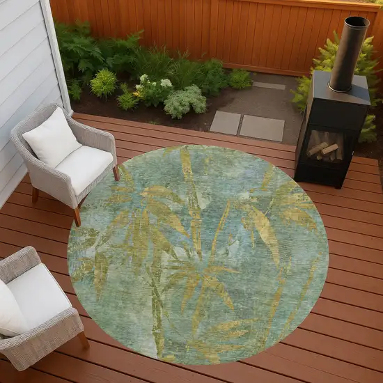 8' Artichoke Green And Gold Round Botanical Leaves Washable Indoor Outdoor Area Rug Photo 6