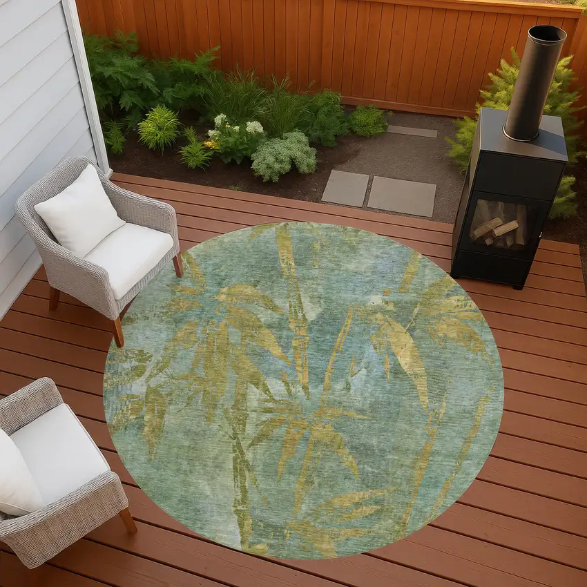 8' Artichoke Green And Gold Round Botanical Leaves Washable Indoor Outdoor Area Rug Photo 6