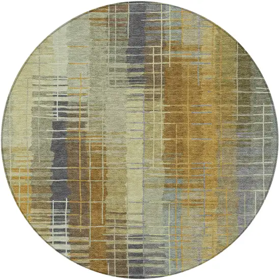 8' Artichoke Green And Gold Round Striped Washable Indoor Outdoor Area Rug Photo 4
