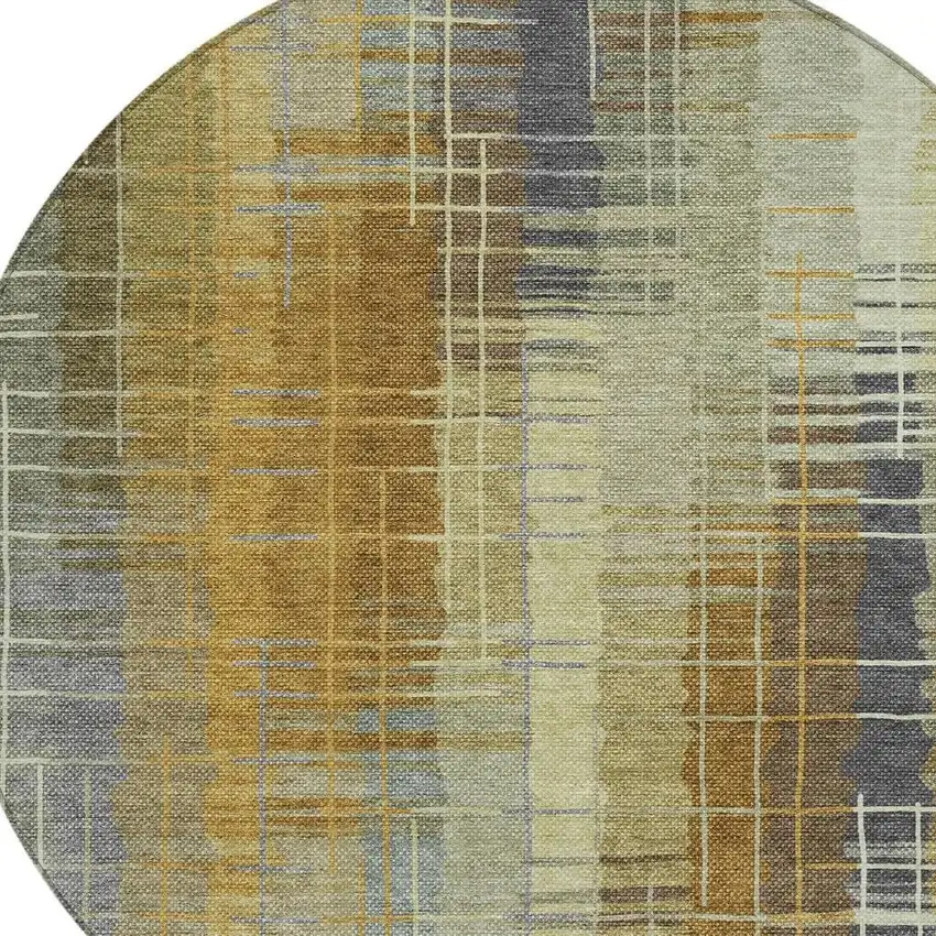 8' Artichoke Green And Gold Round Striped Washable Indoor Outdoor Area Rug Photo 7