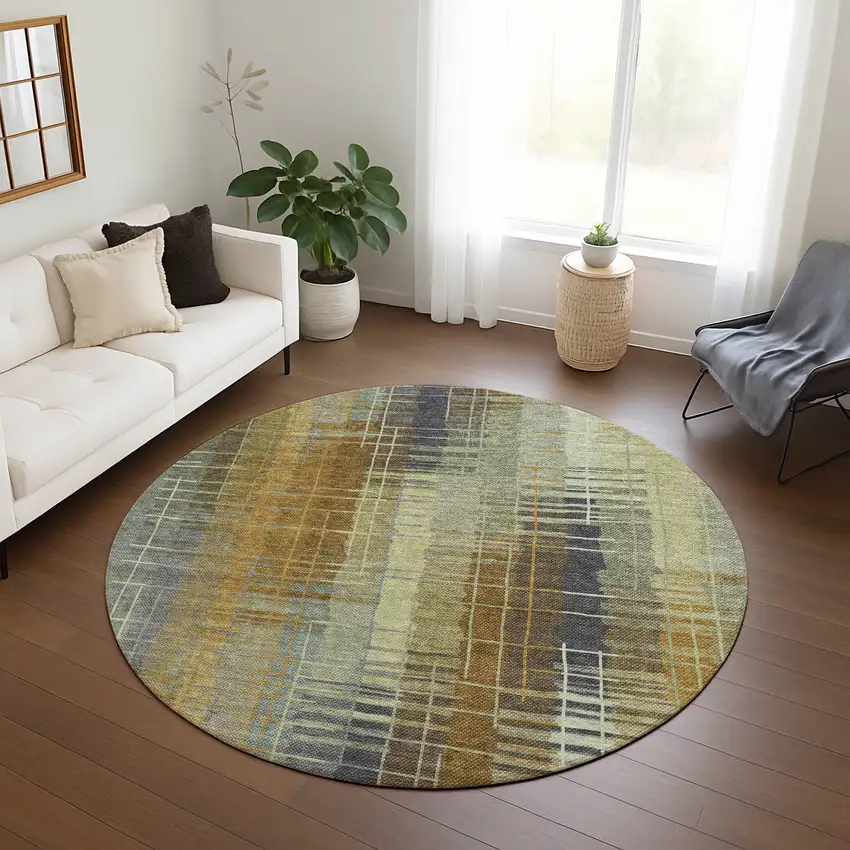 8' Artichoke Green And Gold Round Striped Washable Indoor Outdoor Area Rug Photo 9