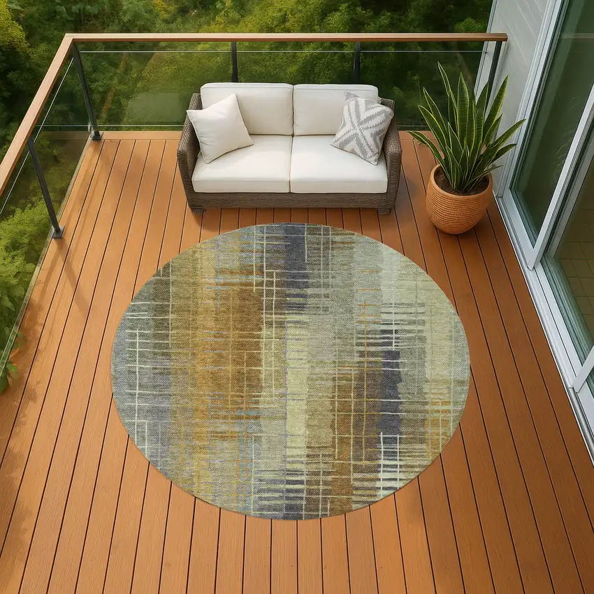 8' Artichoke Green And Gold Round Striped Washable Indoor Outdoor Area Rug Photo 8