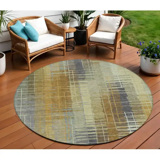 8' Artichoke Green And Gold Round Striped Washable Indoor Outdoor Area Rug Photo 1
