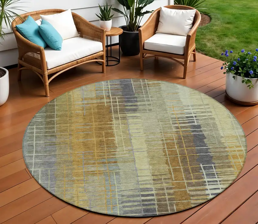 8' Artichoke Green And Gold Round Striped Washable Indoor Outdoor Area Rug Photo 1
