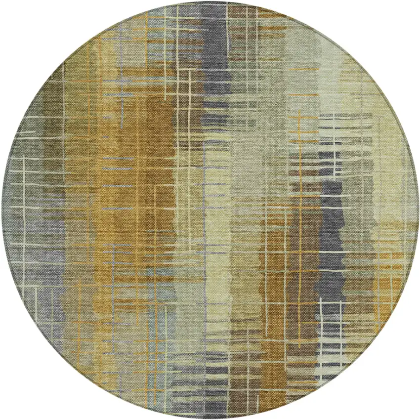 8' Artichoke Green And Gold Round Striped Washable Indoor Outdoor Area Rug Photo 2